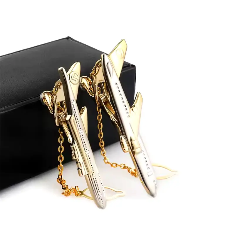 Brass Material Novelty Golden Color Airplane Tie Clip with Chain for Men03.jpg