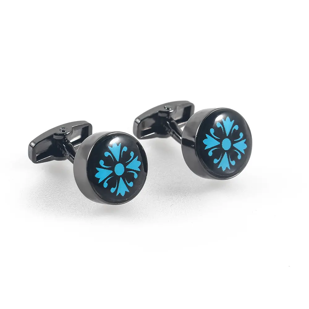 Black & Blue Flower Pattern Cufflinks Men Business Suit Cuffs Accessories