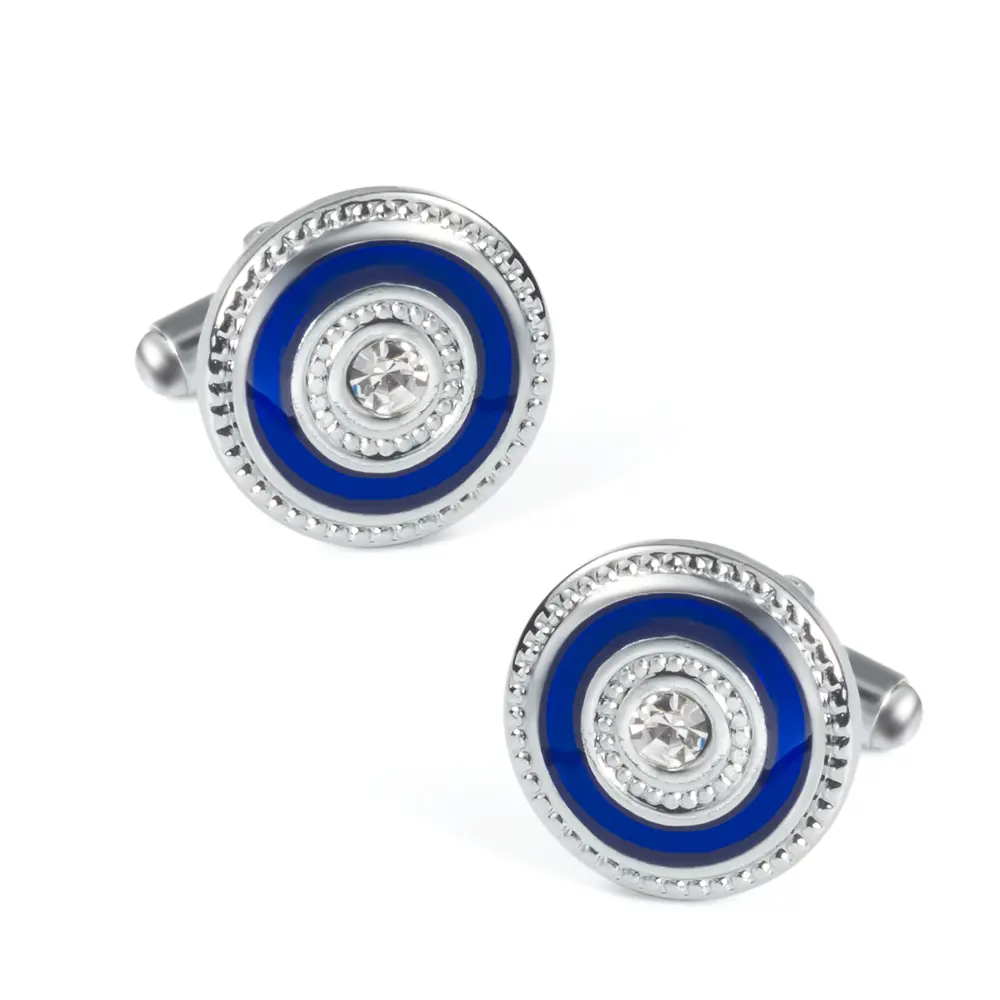 JINJIE New Design French Metal Round Shaped Black/Blue Crystal Cufflinks Button CS0072