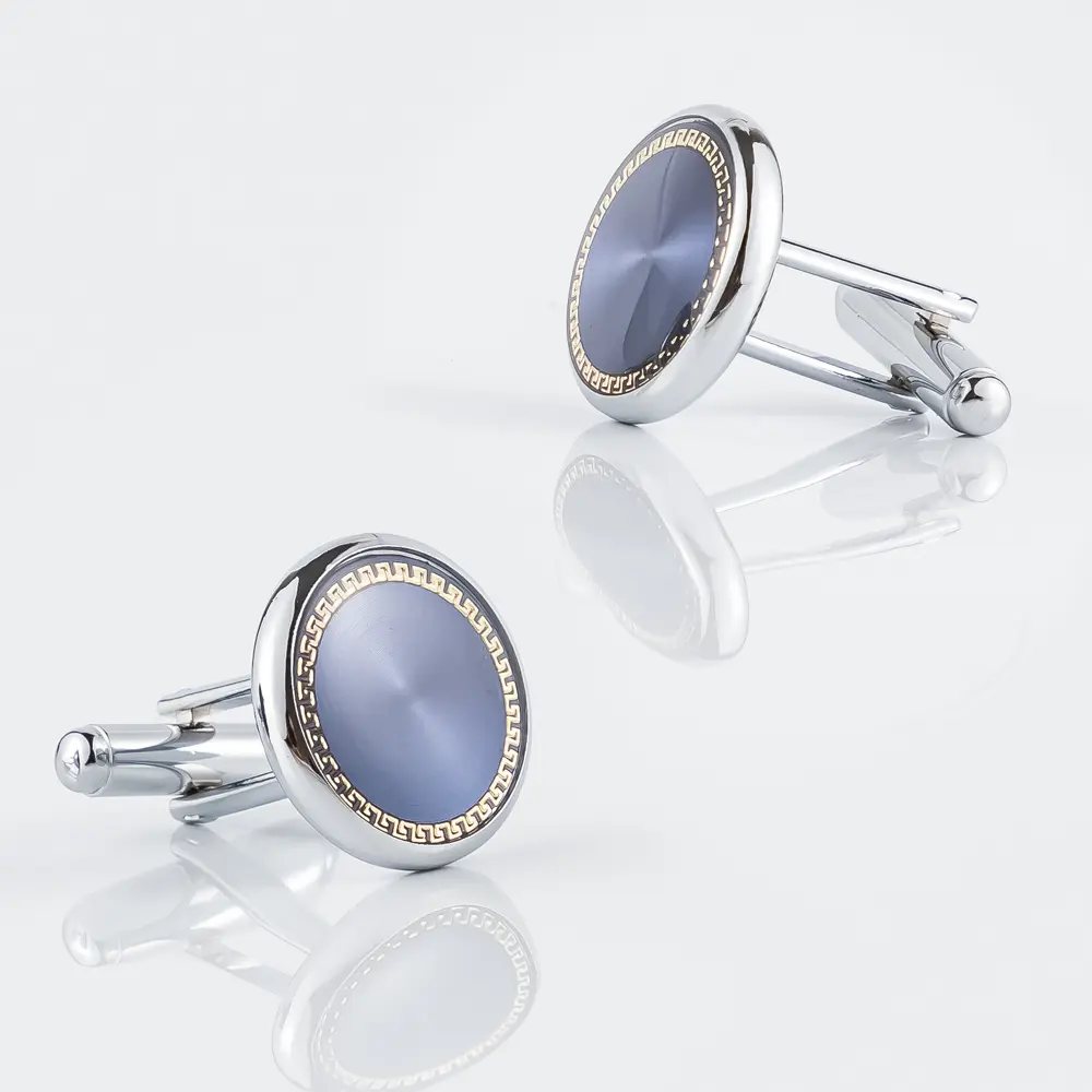 New Luxury Silver Plated Blue Pattern Round Brass Metal Men Cufflinks