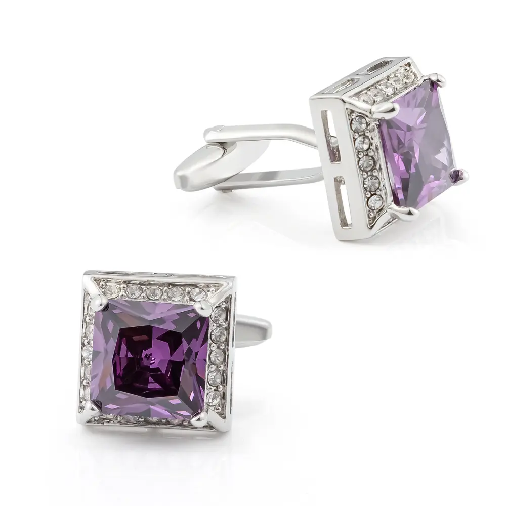 Luxury Amethyst & Diamond Square Shape Men's Business Zircon Stone Cufflinks Factory Wholesale CS8408