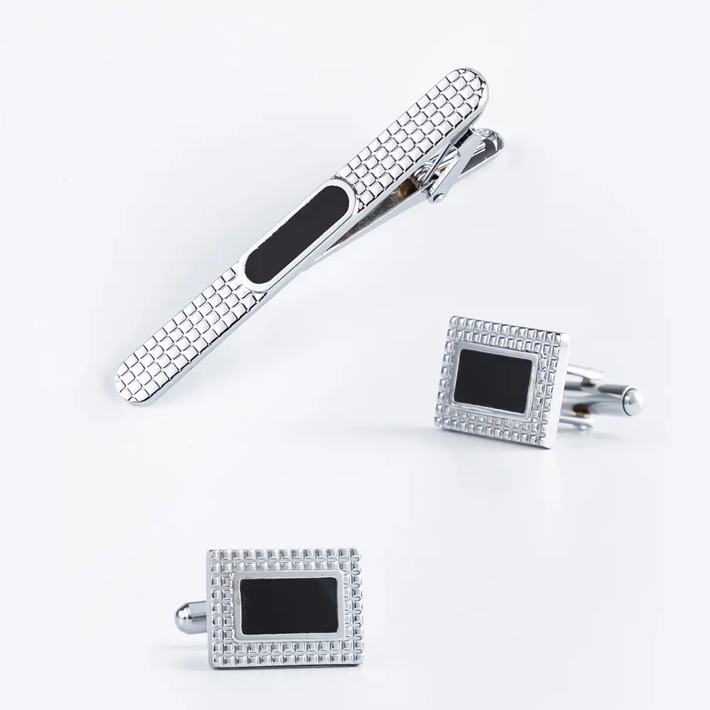 Stylish Men's Silver Small Check Black Enamel Cufflinks for Suits Cheap Wholesale Price SC5055