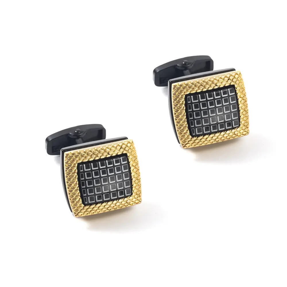 Vintage Cube Design with Golden Ripple Pattern Men Cufflinks