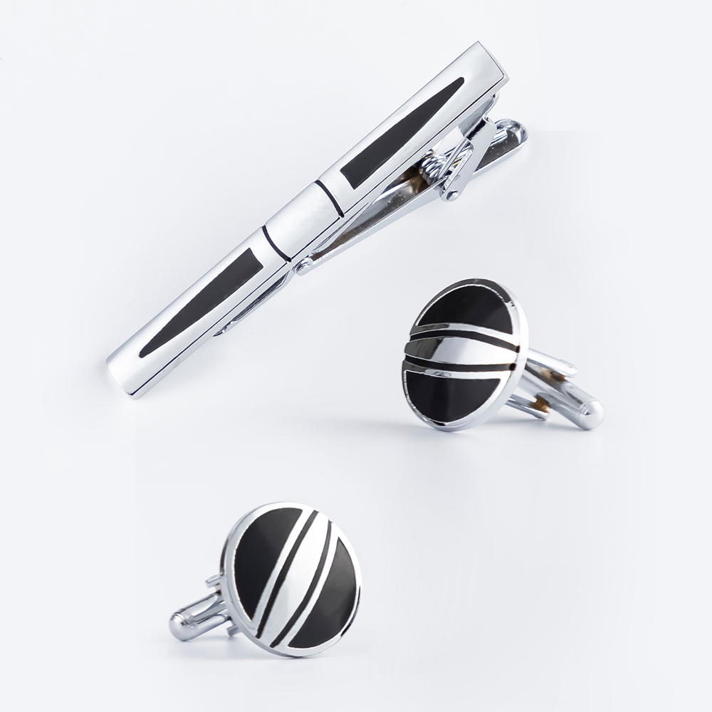 Factory Wholesale High Quality Silver & Black Enamel Cufflinks & Tie Clip Set  SC5024