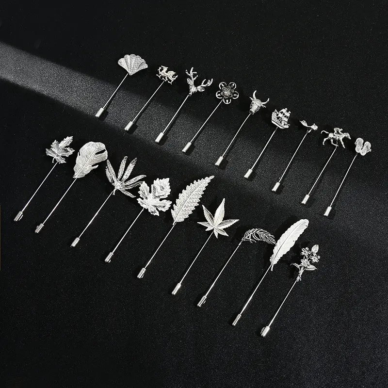 Trendy Men's Feather Leaf Brooch Popular Selling Plug-in Silver Long Lapel Pin BC-1019