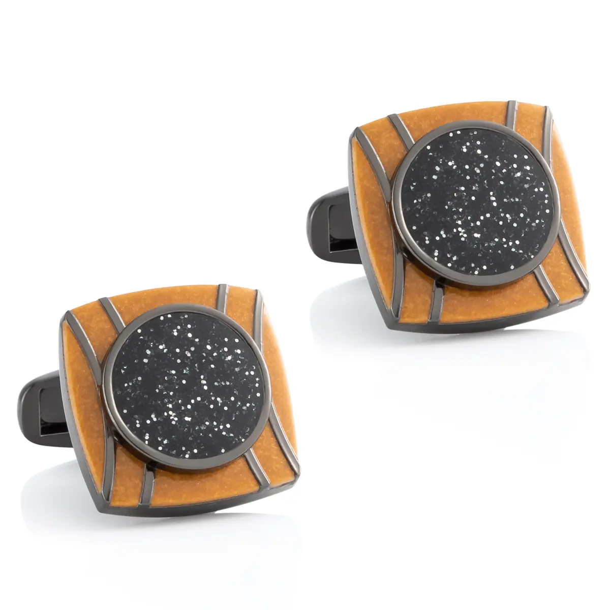 Vintage Sqaure Enamel Striped with Black Glitter Stone Cufflinks for Mens Suits